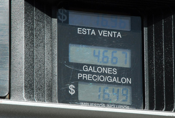 16.49 soles per gallon (US$5.61/gal - 1 euro/liter)