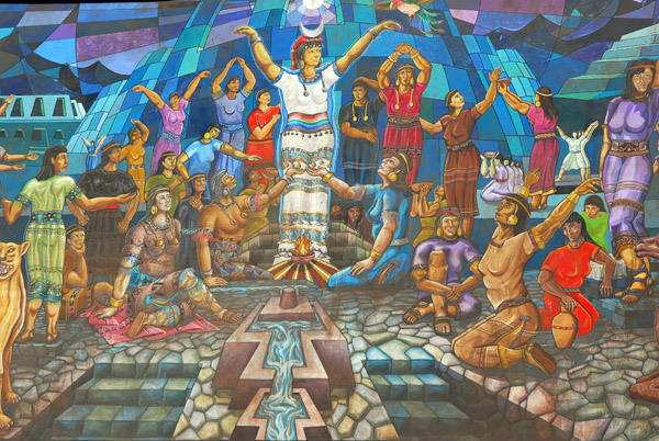 Mural of Inca scene at the entrance to Pisaq