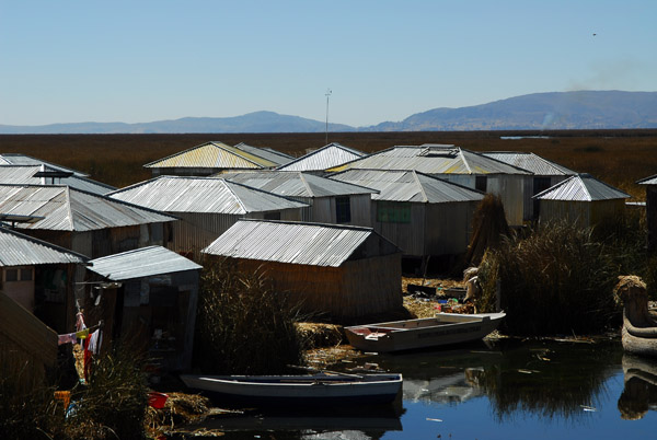 More durable tin huts, Uros Islands, Lake Titicaca