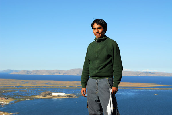 Marcos on Cerro Asogini with Lake Titcaca, Puno