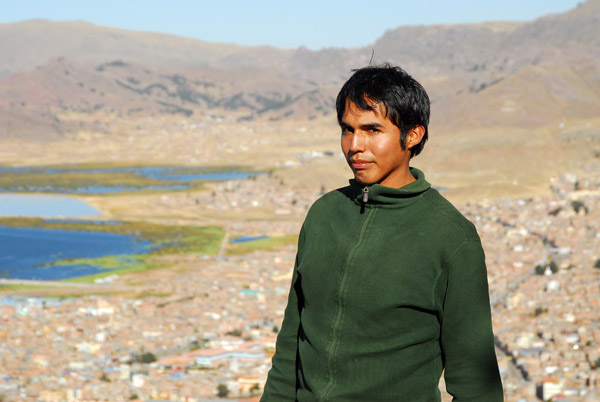 Marcos on Cerro Asogini with Lake Titcaca, Puno