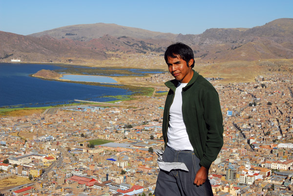 Marcos on Cerro Asogini with Lake Titcaca, Puno