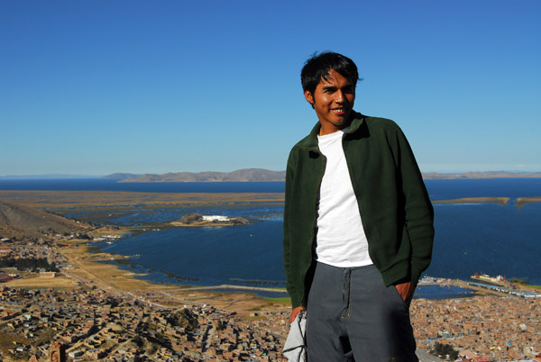 Marcos on Cerro Asogini with Lake Titcaca, Puno