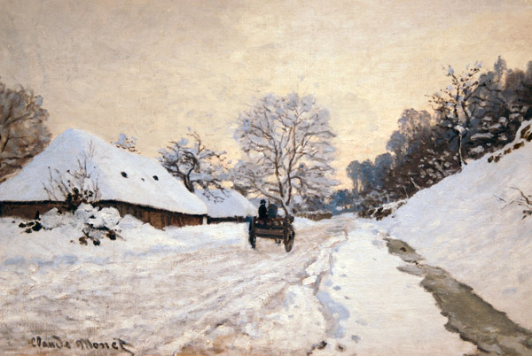 La charrette, route sous la neige  Honfleur, by Claude Monet, ca 1867