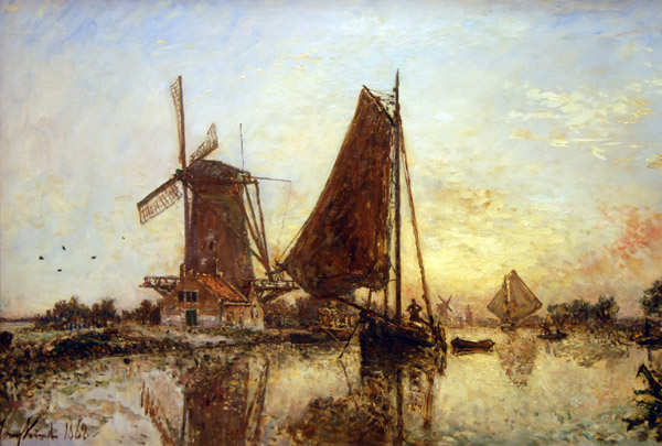 En Hollande, les barques prs du moulin, by Johan-Barthold Jongkind, 1868