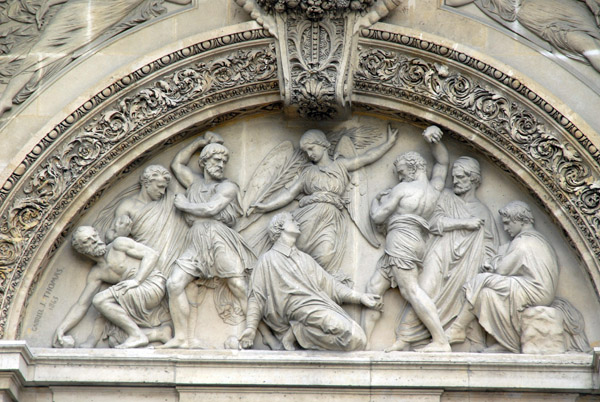 Relief sculpture The Stoning of St. Stephen in the tympanum lunette above the main portal, Saint-tienne-du-Mont
