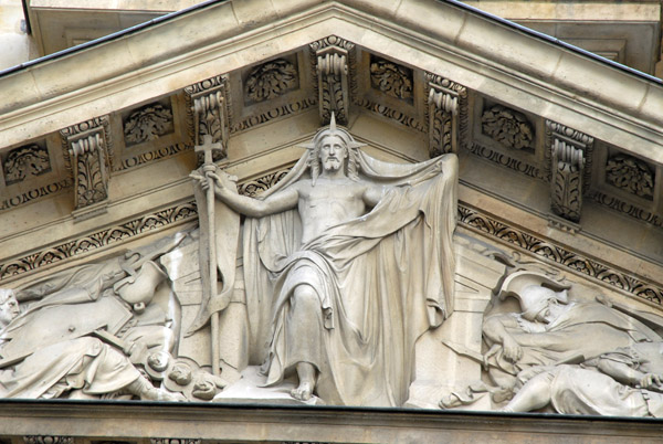 Detail of the figure of Christ striding forth from the pediment of Saint-tienne-du-Mont