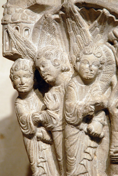 Capital carved with Abraham receiving the Angels, 12th C.