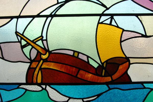 Stained glass window of a sailing ship, Brighton Pier