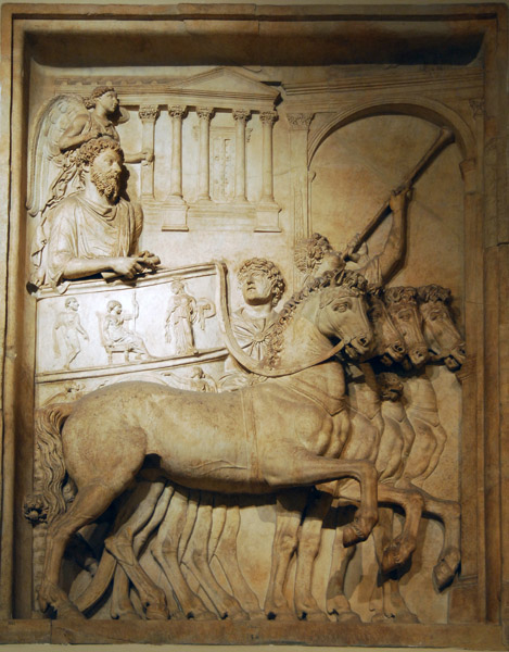 High Relief sculpture on the Grand Staircase landing of Marcus Aurelius in a triumphal chariot, 176 AD