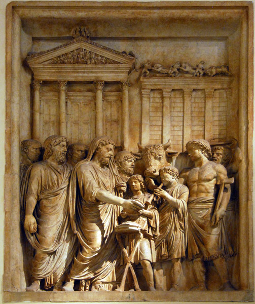 Marcus Aurelius at a sacrificial ceremony with the Temple of Jupiter Capitolinus in the background, 176 AD