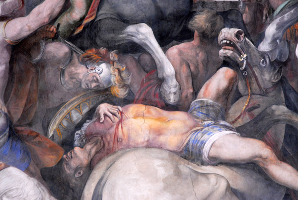 Detail from the fresco - slain warrior atop a frightened horse