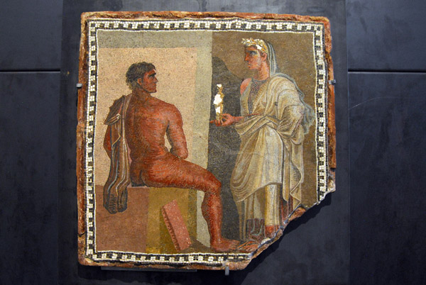 Tessellated mosaic on terracotta with Orestes and Iphigenia, 2nd-3rd C. AD, Sale degli Horti di Mecenate