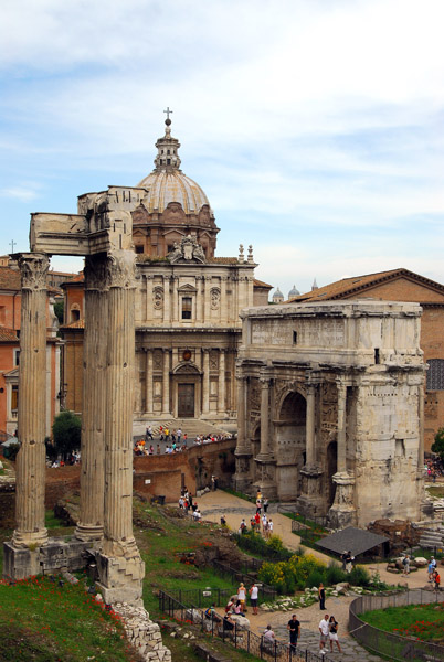 Temple of Vespasian and Titus, Church of Santi Luca e Martina, and Arch of Septimius Severus