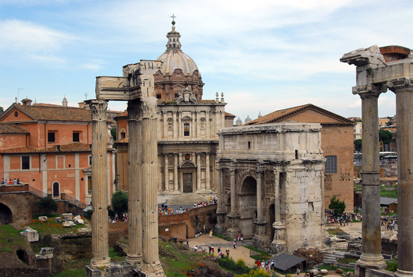 Roman Forum - Temple of Vespasian and Titus, Church of Santi Luca e Martina, and Arch of Septimius Severus