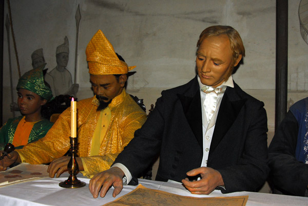 Images of Singapore - Sir Stamford Raffles signing a treaty with Malay rulers Sultan Hussein Shah and Temenggong Abdul Rahman