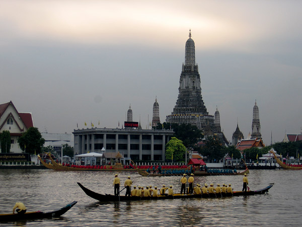 Practice session for the Thai Royal Barge Procession in front of Wat Arun