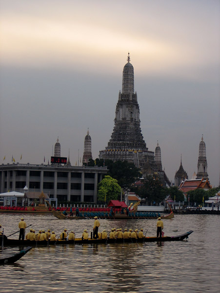 Practice session for the Thai Royal Barge Procession in front of Wat Arun