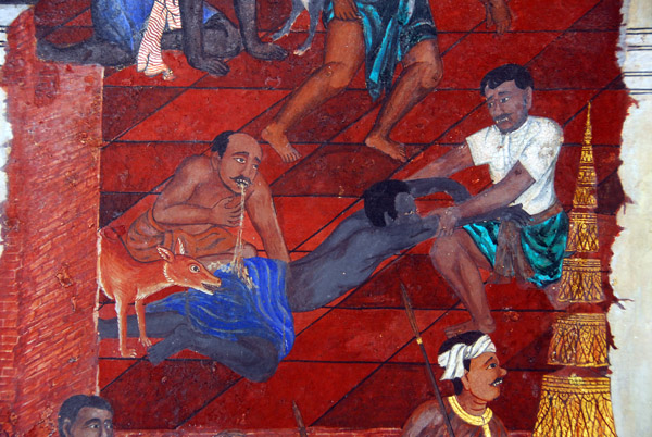 Man vomiting, Ramakien mural, Wat Phra Keo