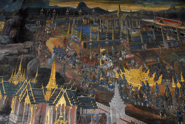 Army on the move with the Wechaiyan chariot, Ramakien mural, Wat Phra Keo