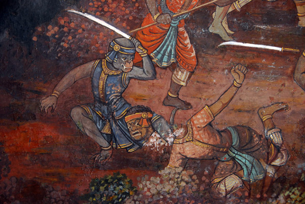 Monkey warrior beheads a man, Ramakien mural, Wat Phra Keo
