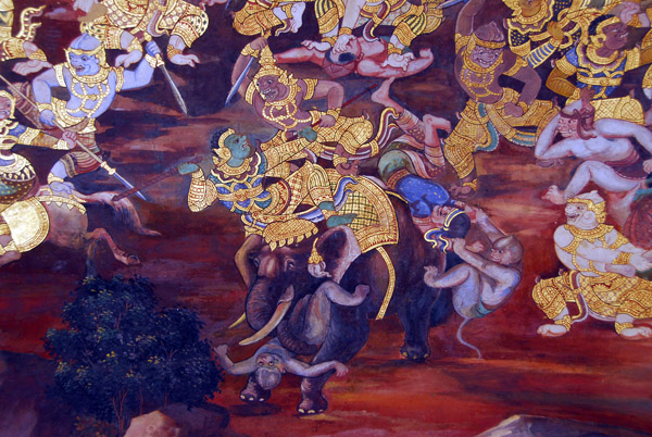 Fighting on top of a war elephant, Ramakien mural, Wat Phra Keo