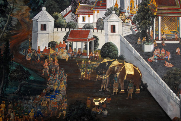Mustering outside the palace walls, Ramakien mural, Wat Phra Keo