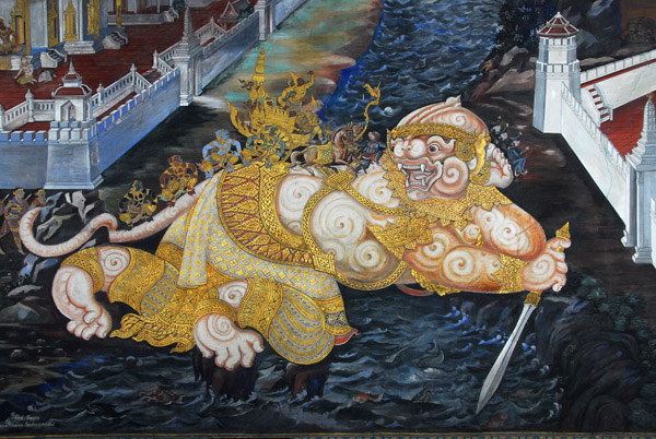 Hanuman enlarges himself to allow the Wechaiyan chariot to cross a river