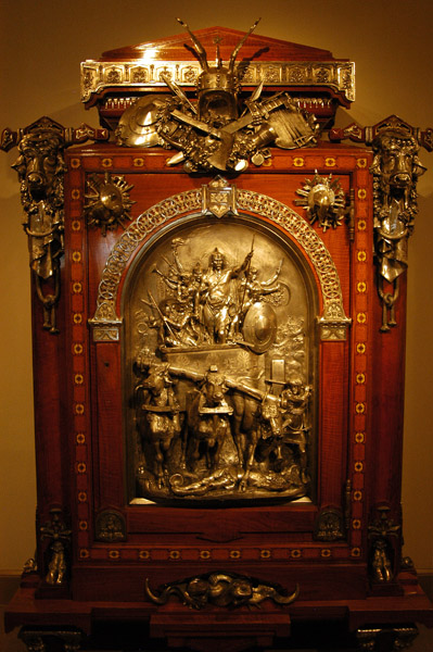 Oak armoire with a central plaque of the victory of King Merovech over Atilla the Hun in 451 AD, ca 1867