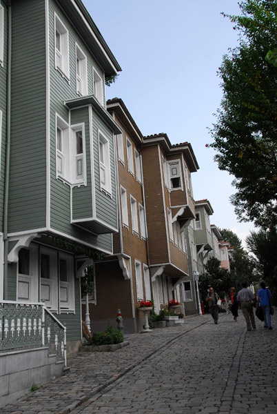Cobblestone street with traditional wooden houses, Istanbul-Sultanahmet