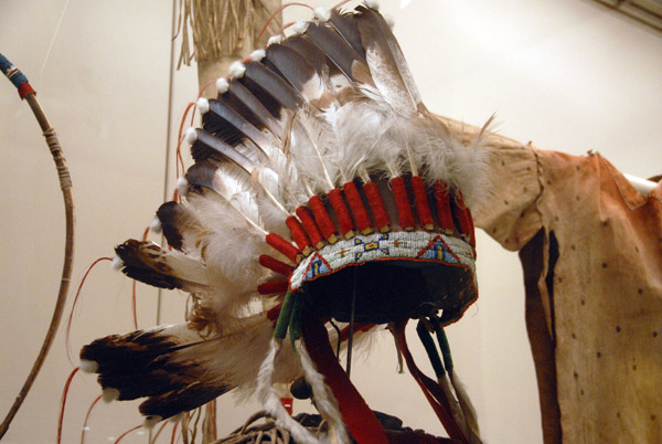 American Indian feather bonnet of Yellow Calf made from the immature tail feathers of a golden eagle, ca 1927