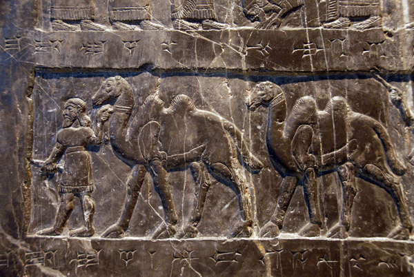 The Black Obelisk of Shalmaneser III - attendants bring two-humped camels, tribute from Musri, a country far to the east