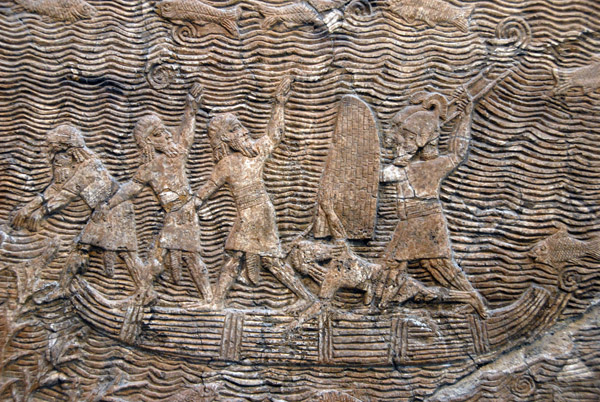 Campaigning in southern Iraq - reed boat crossing a river, Assyrian ca 640 BC, Nineveh