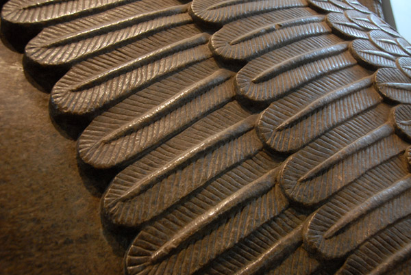 Detail of the feathers of the wings of a human-headed winged lion, Assyrian, ca 860 BC from Nimrud in modern Iraq
