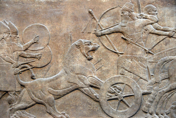 King Ashurunasirpal hunting a Lion, Assyrian ca 860 BC, Nimrud (northwest palace)