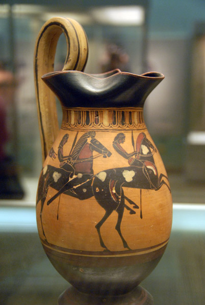 Jug (Olpe) with two young horsemen with spears, Corinthian ca 550 BC