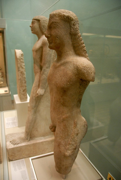 Greek standing male figure of marble, Boiotia ca 560 BC,