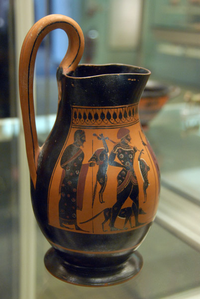 Black-figured olpe (jug) depicting the return of a hunter and his dog, Athens, ca 550 BC, attributed to Amasis