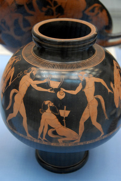 Exhibitionist satyr on a wine cooler, Athens ca 490 BC