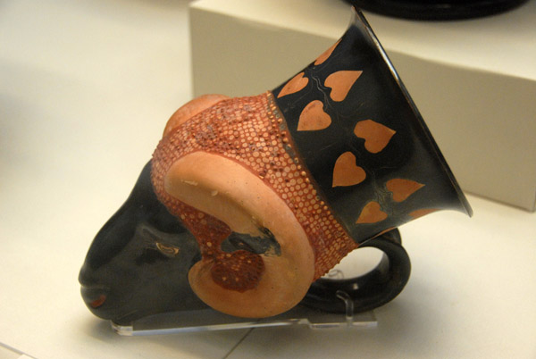 Rhyton (drinking vessel) in the form of a ram's head, Athenian copy of Persian model, ca 470 BC, attributed to Sotades
