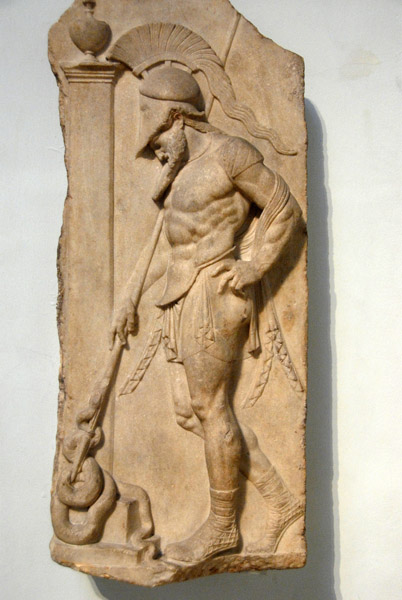 Marble relief of  a warrior, Roman 1st C. BC from a funeral stele of Rhodes