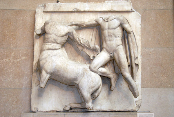 Centaur surprised from behind fending off Lapith with his left arm, Parthenon marbles, South Metope III