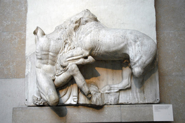 Lapith and Centaur wrestle at close quarters, South Metope VIII, Elgin Marbles, Parthenon