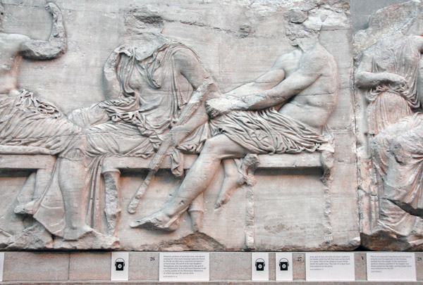 Parthenon East Frieze IV figure 26, Demeter, in mourning over the loss of Persephone, seated next to Ares (figure 27) god of war