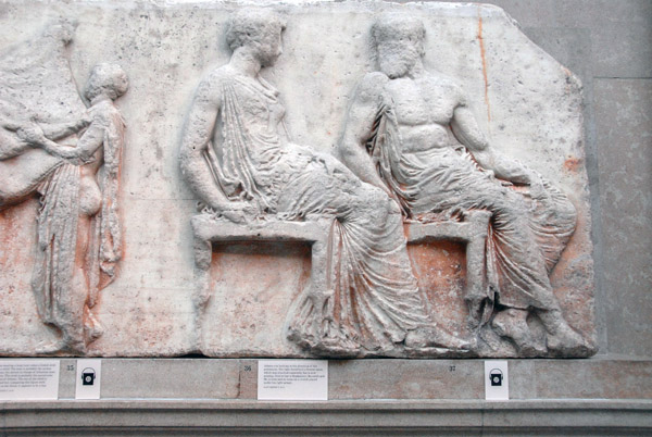 Parthenon East Frieze V - Athena (fig 36) looking in the direction of the procession, seated with Hephaistos (figure 37)