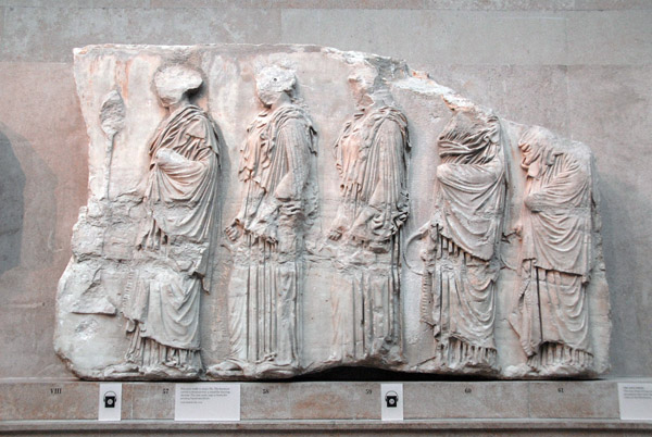 Parthenon East Frieze VIII - Five girls (fig 57-61) walk in single file with the lead carrying a thymiaterion and the rest jugs