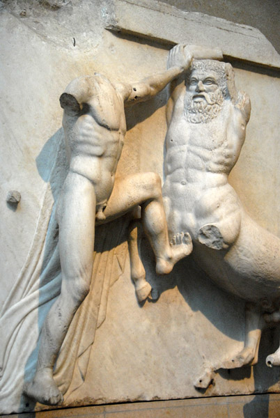 Centaur rears up to strike the Lapith who fends him off with hand and foot, Parthenon South Metope XXVI