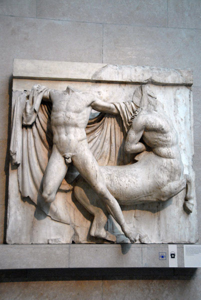 Lapith prepares to strike a decisive blow, Parthenon South Metope XXVII
