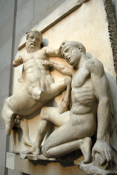 ...the Lapith has one last hope - a stone that he is taking up from the ground, Parthenon South Metope XXX
