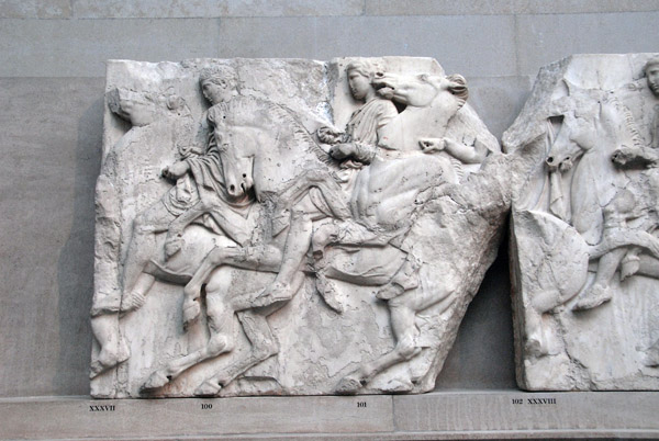 Horsemen of the Parthenon North Frieze slab XXXVIII, figures 102-105, and slab XXXIX figure 106